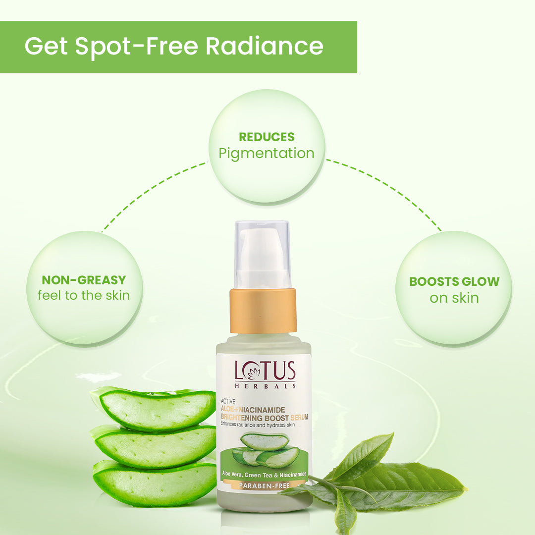 Lotus Herbals Active Aloe + Niacinamide Brightening Boost Serum, face serum, lightweight liquid texture