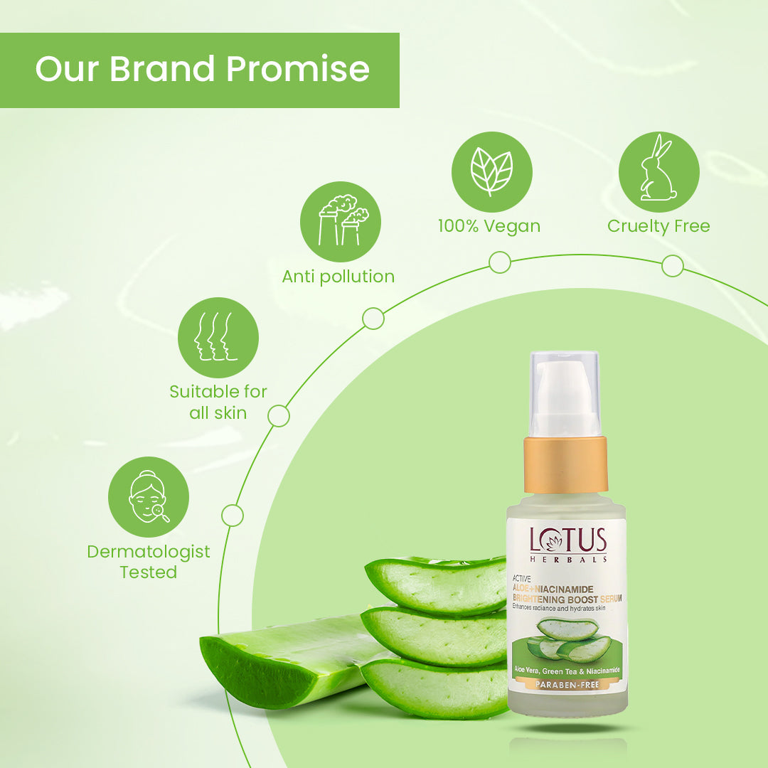 Lotus Herbals Active Aloe + Niacinamide Brightening Boost Serum, face serum, lightweight liquid texture