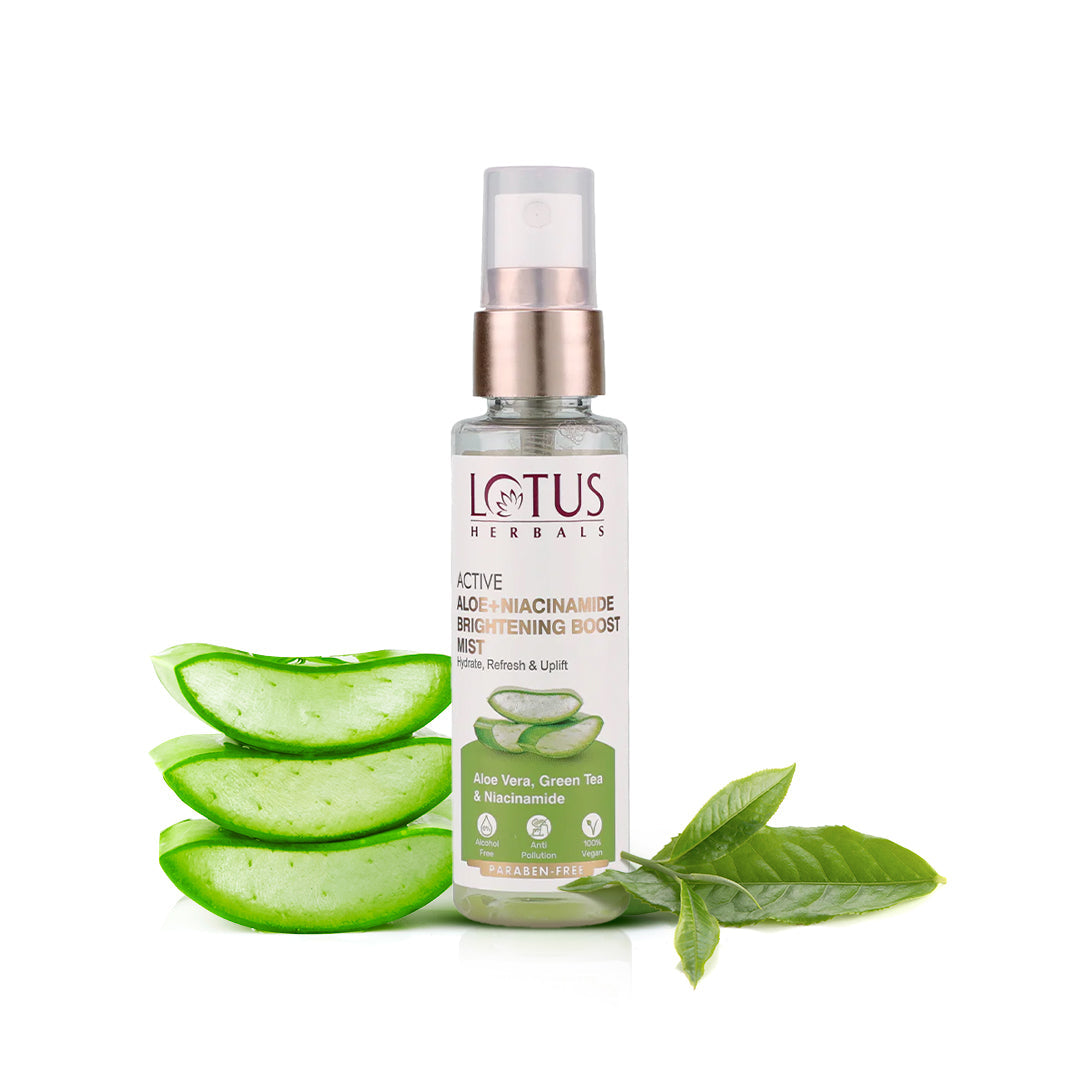 Lotus Herbals Active Aloe + Niacinamide Brightening Boost Mist, face mist, fine spray