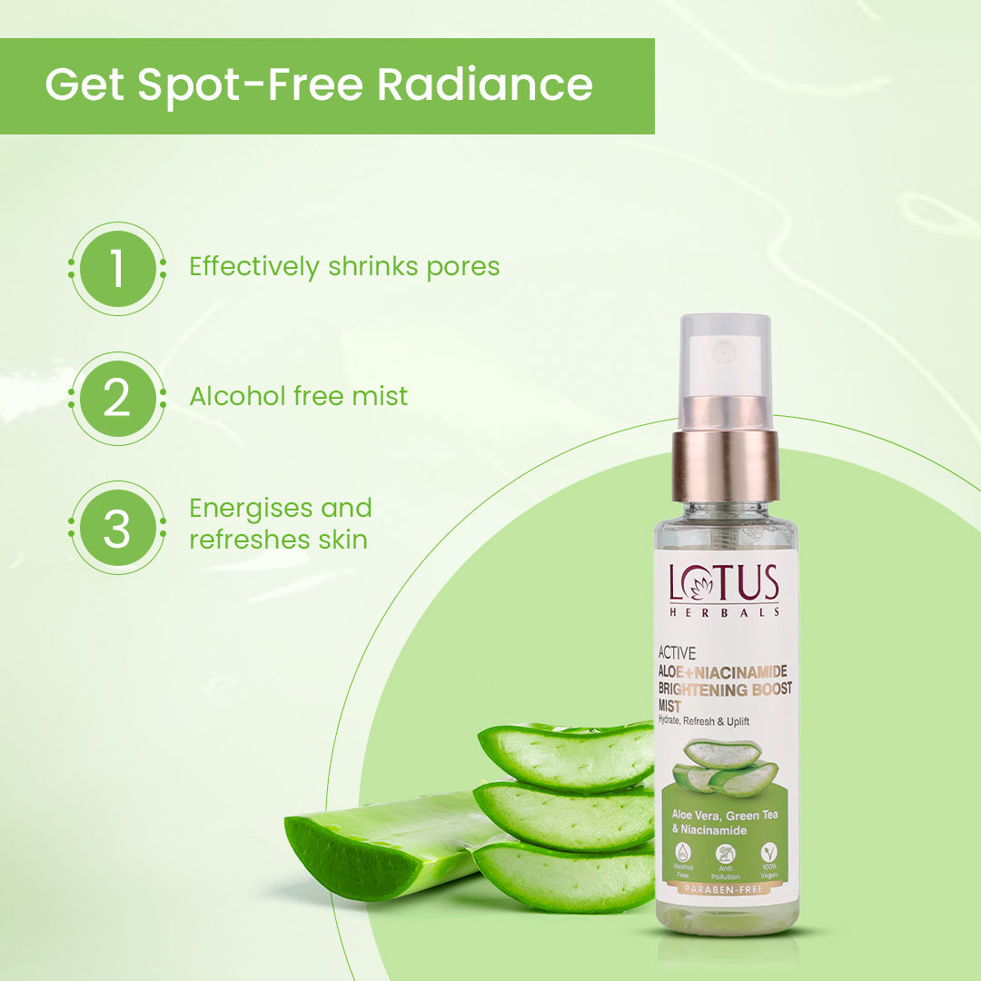 Lotus Herbals Active Aloe + Niacinamide Brightening Boost Mist, face mist, fine spray