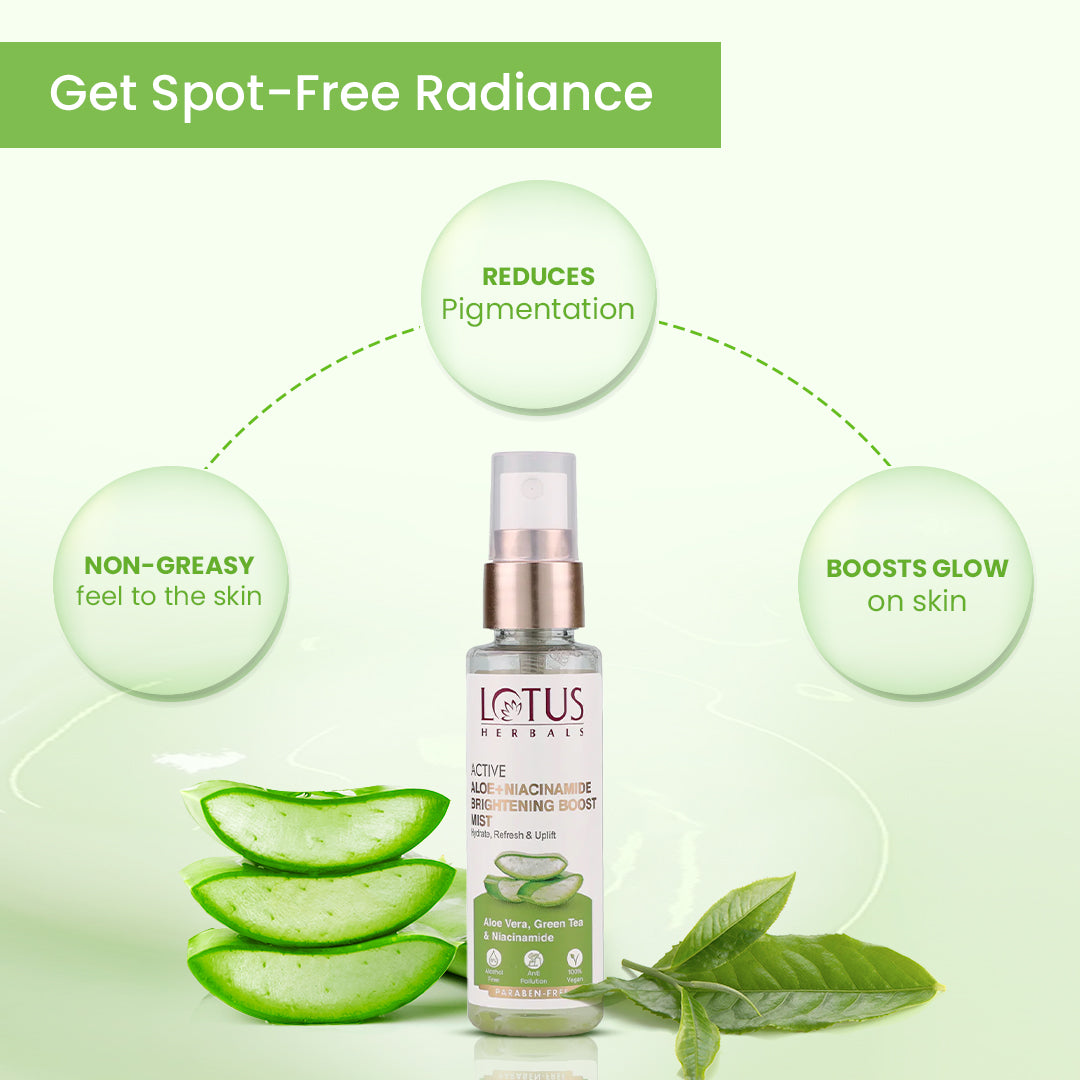 Lotus Herbals Active Aloe + Niacinamide Brightening Boost Mist, face mist, fine spray