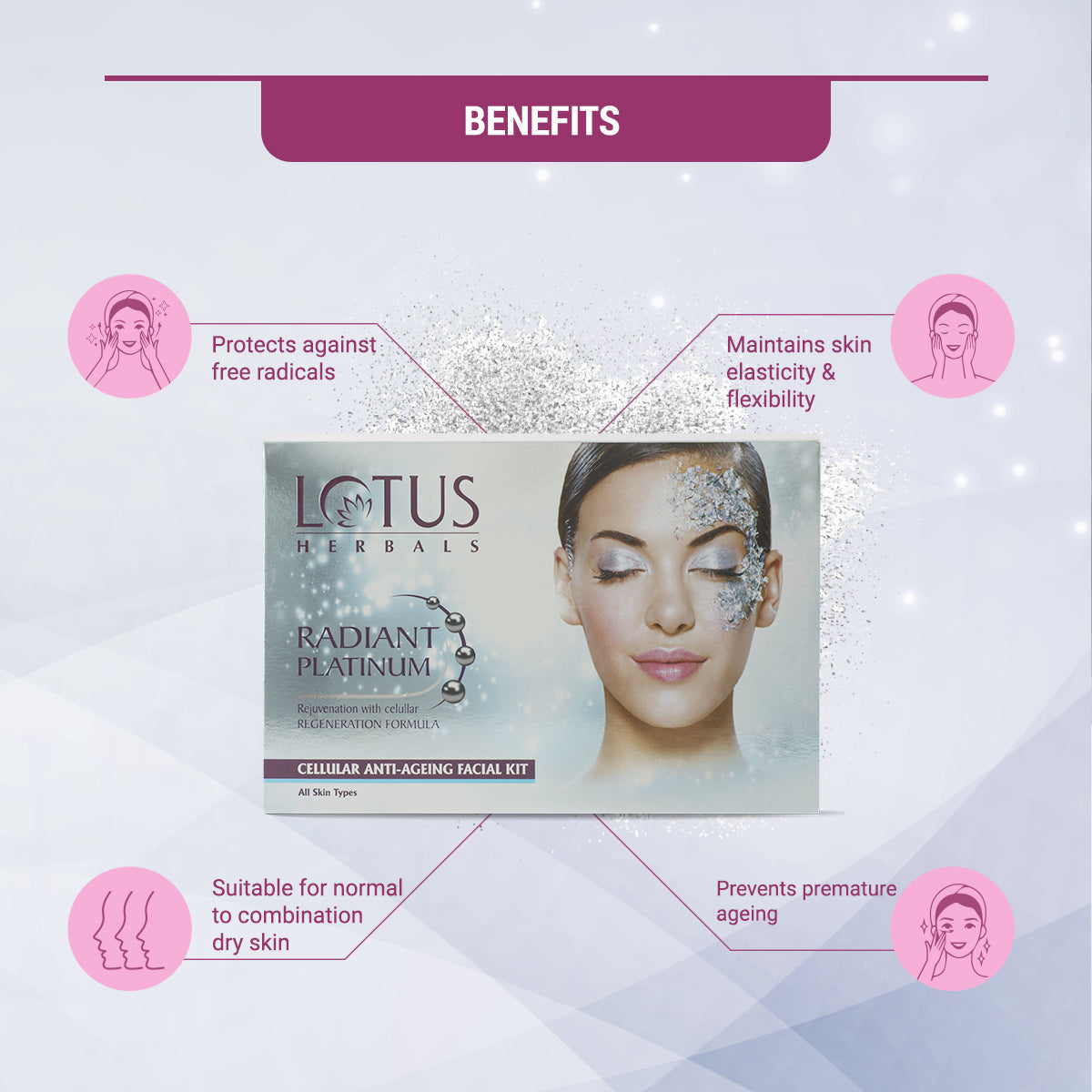 Lotus Herbals Radiant Platinum Cellular Anti-Ageing Facial Kit, facial kit, salon-grade