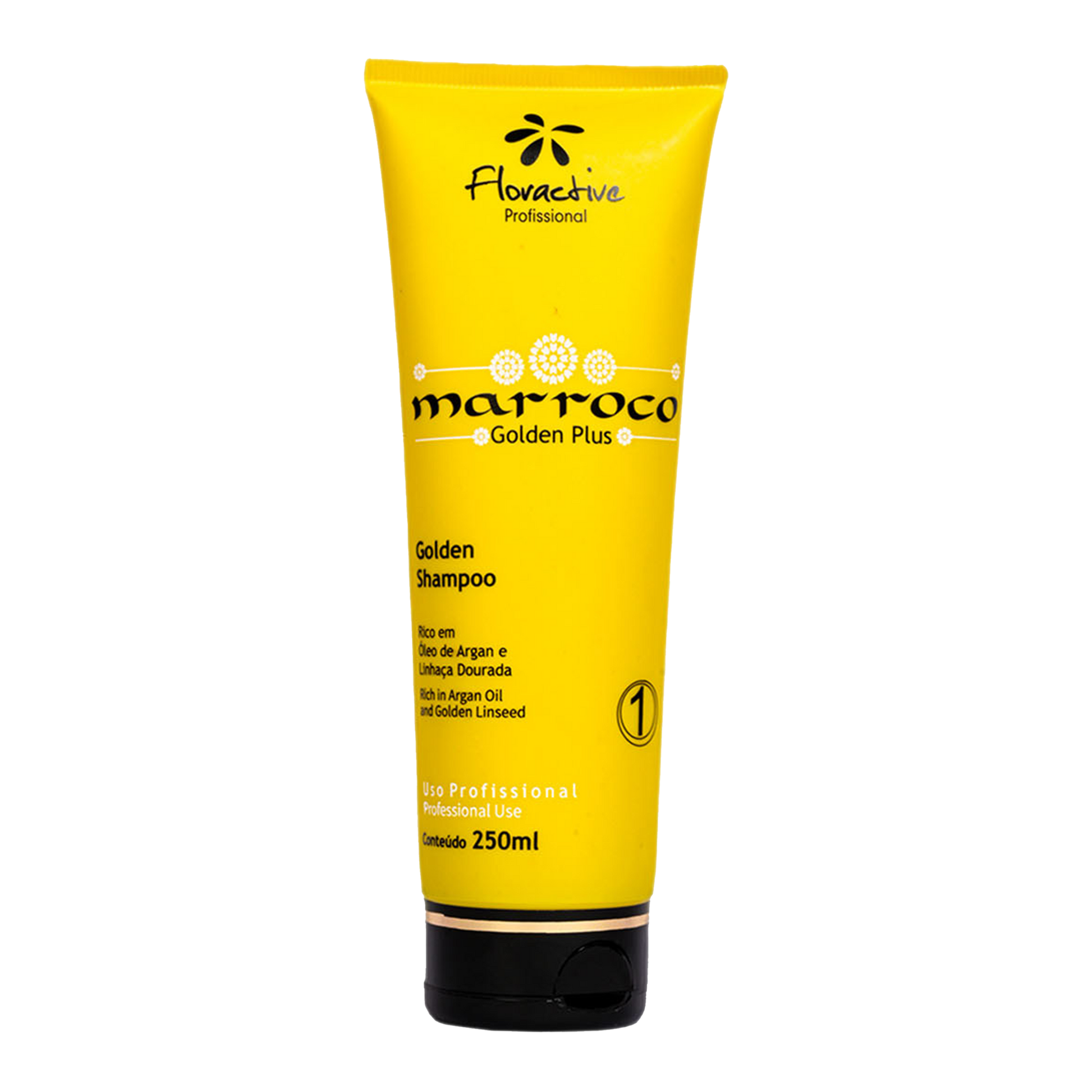 Floractive Marroco Golden Shampoo (250 ml) with professional hydrating and nourishing formula for dry and damaged hair.