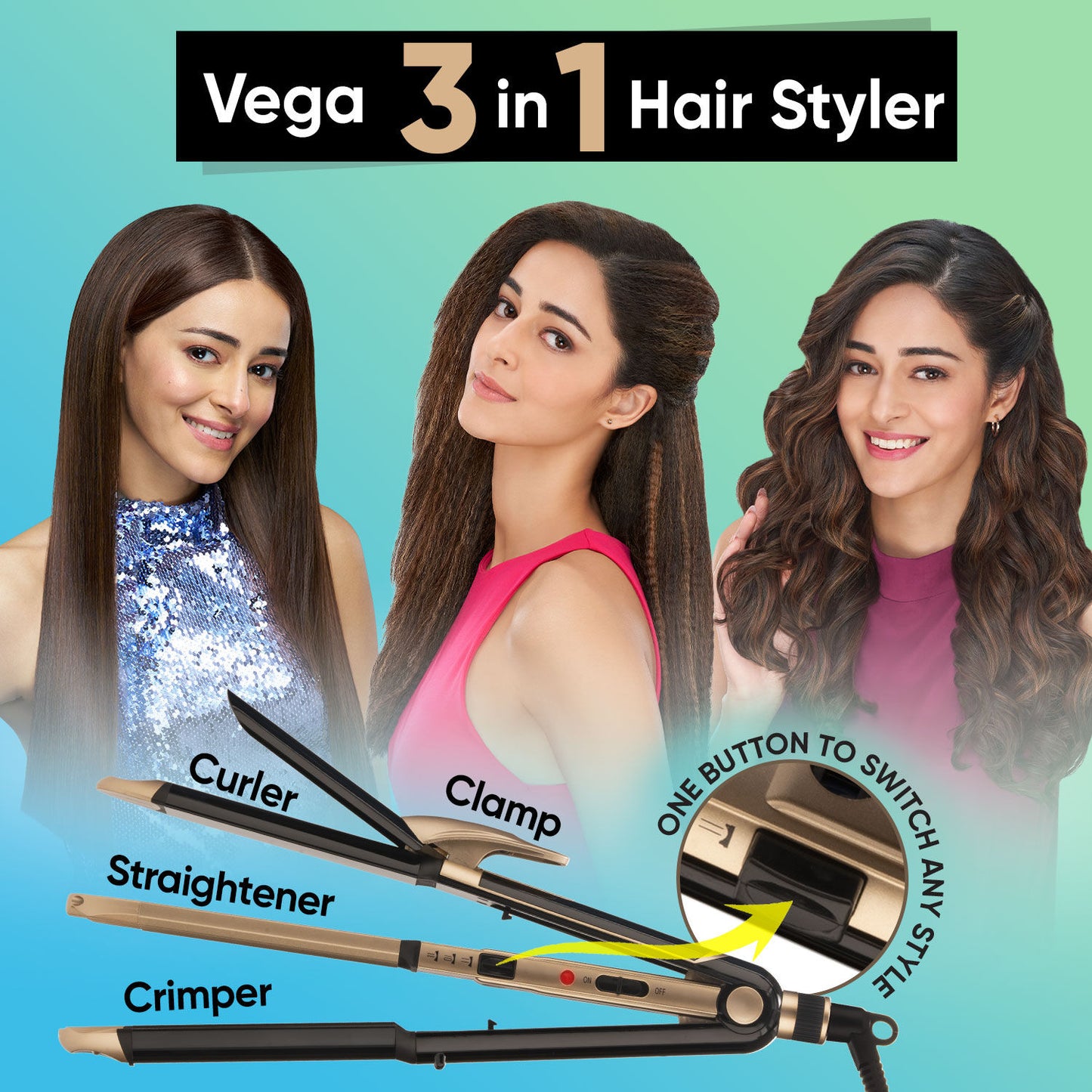 Vega 3-in-1 Hair Styler for straightening curling and crimping