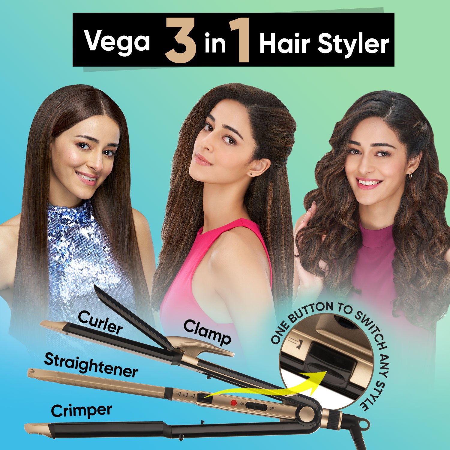Vega 3-in-1 Hair Styler for straightening curling and crimping