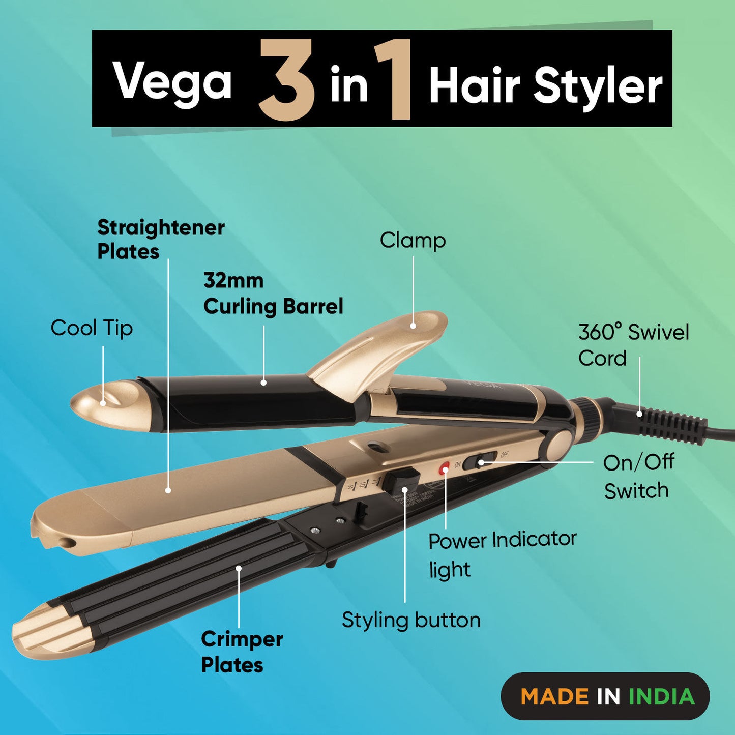 Vega 3-in-1 Hair Styler for straightening curling and crimping